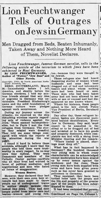 Lion Feuchtwanger Tells of Outrages on Jews in Germany
